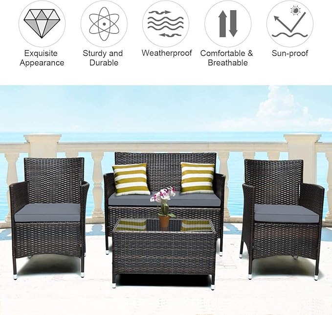 HAPPYGRILL 4 Pieces Patio Sofa Set Rattan Wicker Furniture Patio Conversation Set with Cushioned Sofa and Coffee Table for Outdoor Backyard Garden Poolside