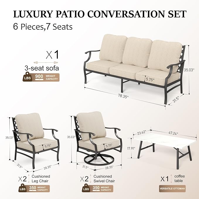 HERA'S HOUSE 6 Piece Patio Furniture Set, 2 x Swivel Chair, 2 x Fixed Chair, 1 x 3-Seat Sofa with Marbling Coffee Table, All Cushioned Outdoor Conversation Set for Lawn Garden Backyard