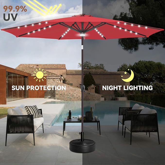 11FT Solar Umbrella Outdoor - Lighted Solar Patio Umbrella with 40 LED Lights Waterproof UV Protection, Table Umbrella with Tilt for Pool, Porch, Garden, Deck, Backyard - Red