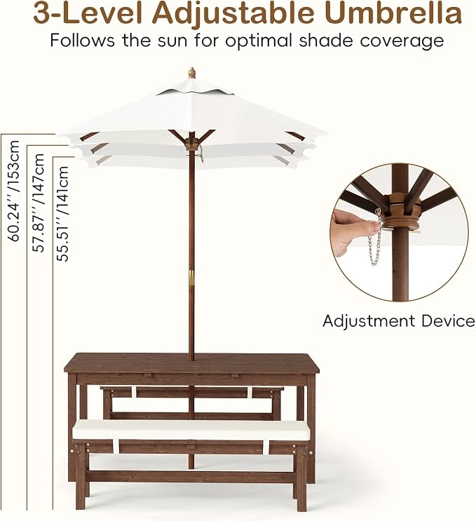 Olakids Kids Picnic Table, Outdoor Wooden Bench Set with Removable Cushions Adjustable Foldable Umbrella, Toddler Backyard Furniture for Patio Garden
