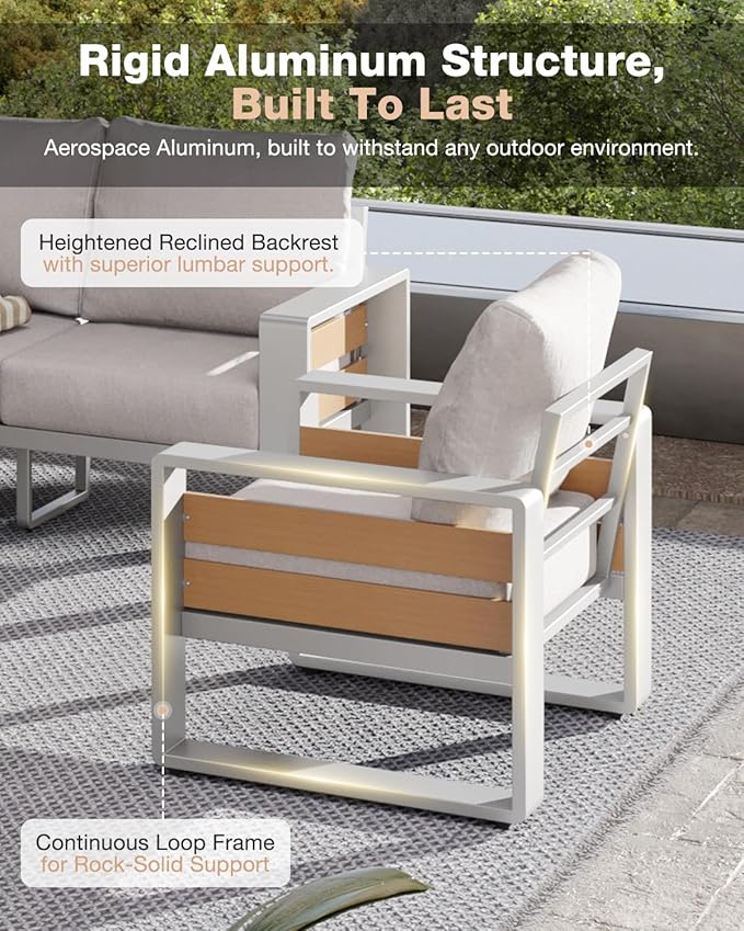 Aoxun Aluminum Patio Furniture Set, 5 Piece Luxury Outdoor Sectional with 6" Olefin Fabric Cushions, Patio Conversation Sets with Coffee Table and Waterproof Cover for Backyard, Porch Grey