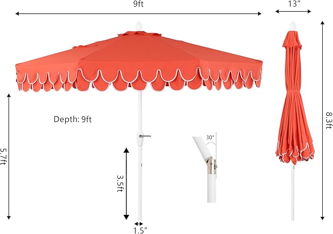JONATHAN Y Tracy 9 ft. Outdoor Patio Umbrella with Scalloped Edge, Coastal Market Table Umbrella with Crank Lift and Tilt, 8 Sturdy Ribs UV Resistant for Pool, Coral Red, White Pole UMB1002F