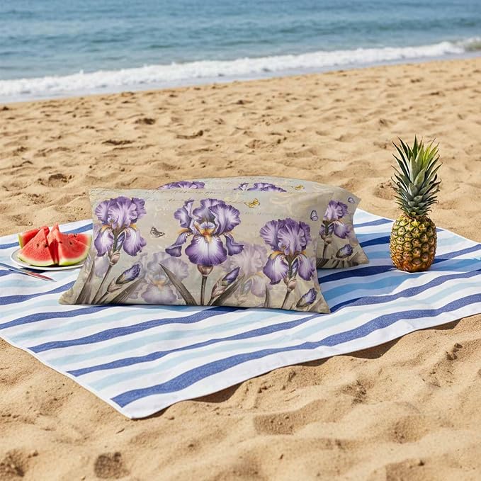 Purple Iris Outdoor Pillow Covers 20x12 Inch Lumbar Pillow Covers Set of 2 Waterproof Decorative Throw Pillow Cases Spring Vintage Flowers Butterfly Leaves Khaki Cushion Covers for Patio Furniture