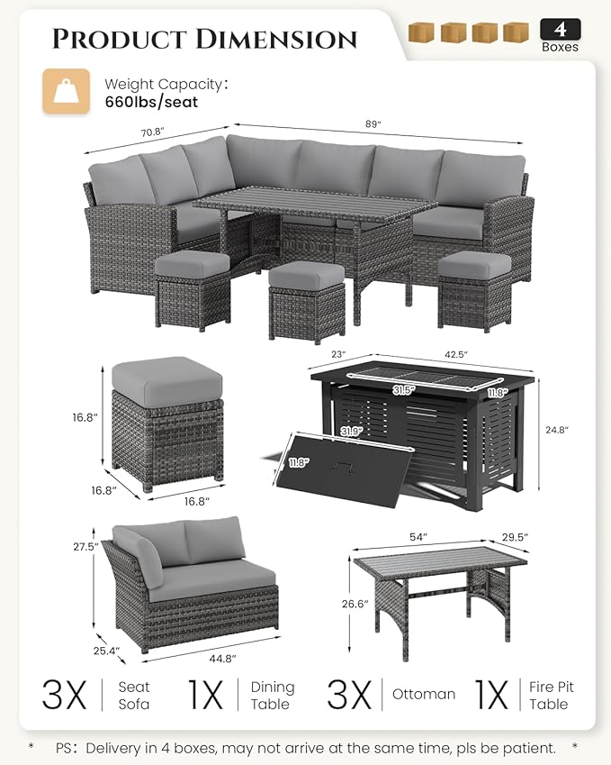 U-MAX 7 Pieces Patio Furniture Set with 43" Fire Pit Table, Outdoor Sectional Sofa Conversation Set, All Weather Wicker Rattan Dining Table & Chair with Ottoman, Grey Rattan&Grey Cushion