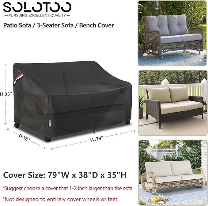 Outdoor Couch Cover Waterproof Heavy Duty Patio Furniture Covers, 79W x 38D x 35H Inches 3 Seater Outdoor Sofa Cover (Black)