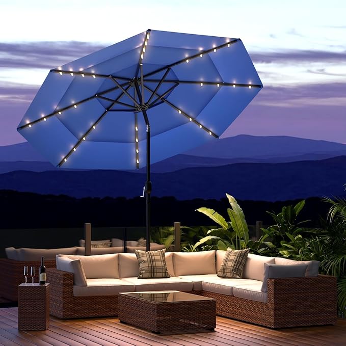 COSIEST 10FT 3 Tiers Patio Umbrella with Solar Lights, LED Outdoor Umbrellas with 8 Sturdy Ribs, Market Patio Table Umbrella with Push Button Tilt, Pool Umbrellas for Garden, Pool, Backyard