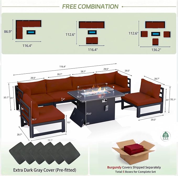 RADIATA 6 Person Oversized Modular Aluminum Outdoor Furniture Set with Fire Pit Table, 29 inch Deep Wide Sectional Seating, 500 lbs High Weight Capacity Patio Conversation Set for Garden, Burgundy