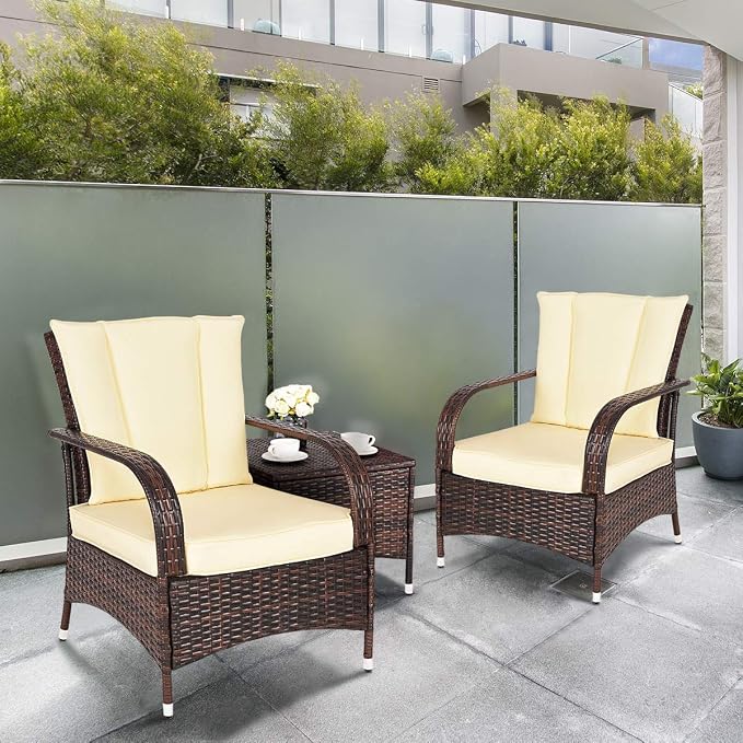 Tangkula 3 Piece Patio Furniture Set, 2 Wicker Chairs with Glass Top Coffee Table, Outdoor Garden Porch Poolside Furniture Set for 2, Rattan Conversation Set