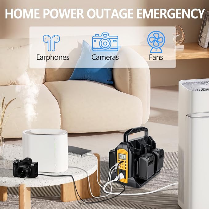 350W Portable Power Supply Inverter Compatible with Dewalt 20V Li-ion Battery, 4 Port Pure Sine Wave Inverter DC 20V to AC 120V with AC Output, USB Port, Type-C Port, 300LM LED Light Emergency