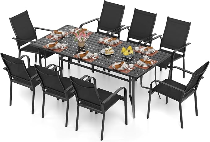 Tangkula 9 Pieces Patio Dining Set for 8, Outdoor Rectangular Table and Stackable Chairs with Umbrella Hole, Outside Furniture Set for Backyard, Garden and Deck (Black)
