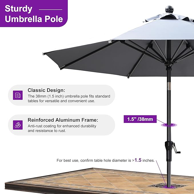 PURPLE LEAF 8' Round Patio Umbrella Outdoor Table Umbrella Aluminum Frame Market Umbrella Sun Umbrella with 8 Sturdy Ribs & Tilt for Garden Deck Lawn & Pool Light Gray