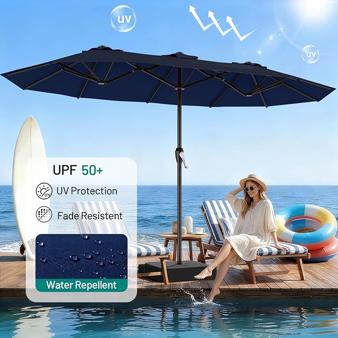 AreShark 15ft Patio Umbrella with Base, Double Sided Outdoor Umbrella with 12 Fiberglass Ribs, Large Outdoor Umbrella for Garden, Pool, Deck, Backyard & Market, Navy