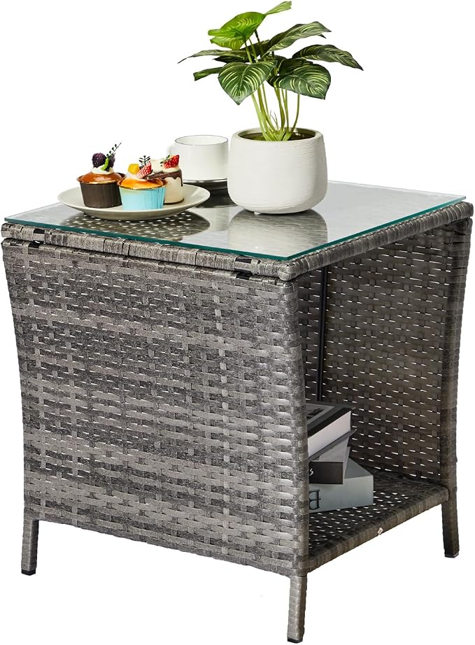 18" Patio Rattan Wicker Side Tables,Outdoor Square Wicker End Table,Waterproof Patio Coffee Side Table,Outside Storage Coffee Tables,with Glass Top,for Garden Porch Poolside Deck Backyard (Grey)