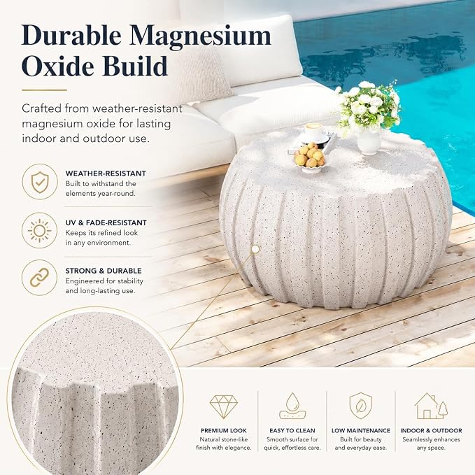 35.43" Concrete Outdoor Table,Modern Round Stone Coffee Table,Waterproof Outdoor Coffee Table for Patio for Terraces, Gardens, Backyards and Living Rooms (White, 35.43")