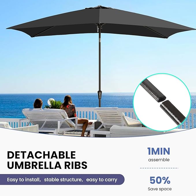 Ayge 6.5x10FT Rectangular Patio Umbrella Outdoor Table Umbrella w/Push Button Tilt & Crank Rectangle Market Umbrella UV Protection for Garden,Deck,Lawn,Yard & Pool,Black