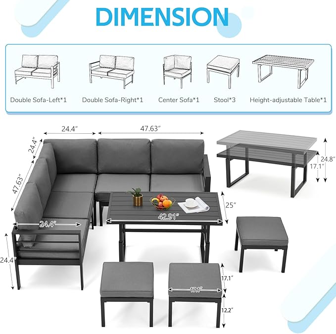 All Weather Aluminum Frame Patio Conversation Set, 7 Pieces Outdoor Patio Furniture, Patio Furniture Set, Outdoor Patio Set for Lawn, Garden, Balcony, Poolside, Conversation Set(Black)