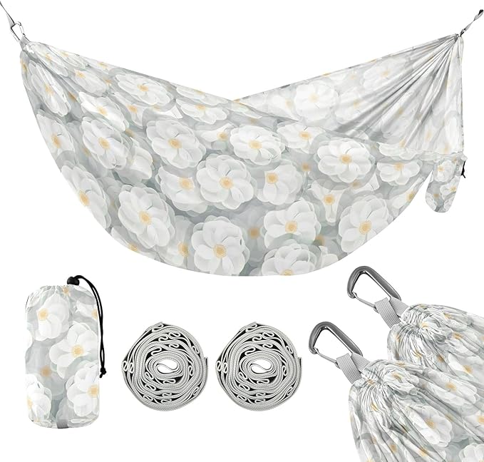 Camping Hammock Outdoor Hammocks for Outside White Camellia Flowers Beach Trees Portable Lightweight with Pockets Tree Straps Indoor