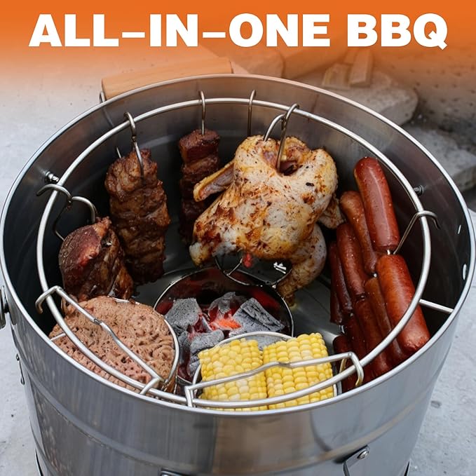 Charcoal Barrel Smoker Grill Combo, 100% Premium 304 Stainless Steel | 95% Less Smoke & Even Heat, Easy Clean Outdoor BBQ Cooker for Backyard & Balcony (Medium, 25 LBS Capacity)