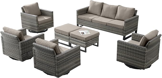 Rilyson Wicker Outdoor Patio Furniture Set - 7 Piece Patio Conversation Set with 4 Swivel Rocker Chairs,2 Rattan Ottoman and 1 Couch for Outside Porch Deck Backyard(Mixed Grey/Grey)