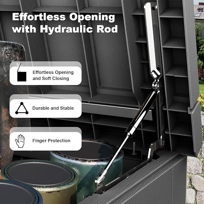 280 Gallon Waterproof Outdoor Storage Box, UV Resistant Resin Deck Box with Hydraulic Rod for Reinforced Stability, Perfect for Patio, Garden, and Pool（Black，280 Gallon）