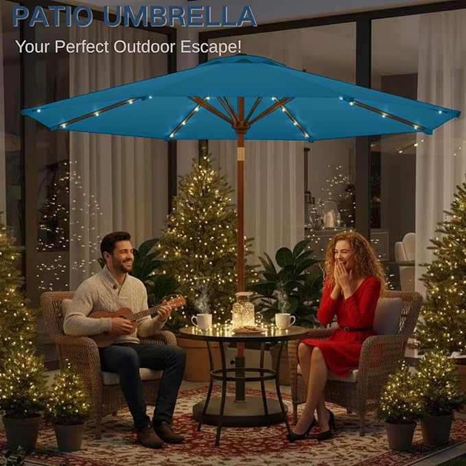 9' Solar LED Patio Umbrella with Tilt & Crank|8 Sturdy Ribs,UV Protection,Outdoor Market Table Umbrella for Deck,Lawn,Pool,Backyard(Lake Blue)