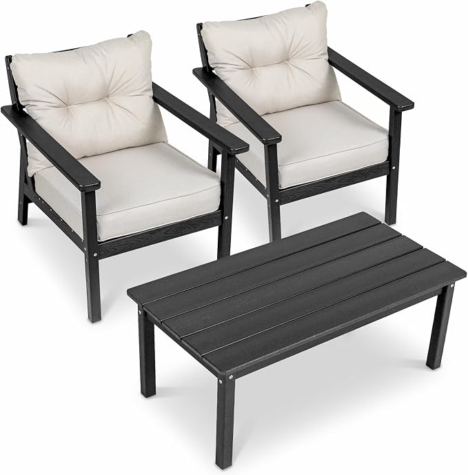 2 Seat HDPE Patio Conversation Set with Coffee Table, Outdoor Chairs Set | Water-Resistant Thick Cushion, HDPE All Weather, Wood-Grain, No Rot or Rust or Crack, UV Fade Shield, Easy-Clean for Outside