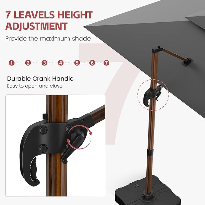 GENTEACO 10x13FT Rectangle Cantilever Patio Umbrella w/Base Included, Deluxe Wood Pattern Pole & 7 Angle Tilts, 360° Rotation, Offset Hanging Market Umbrellas for Garden Pool Patio, Grey