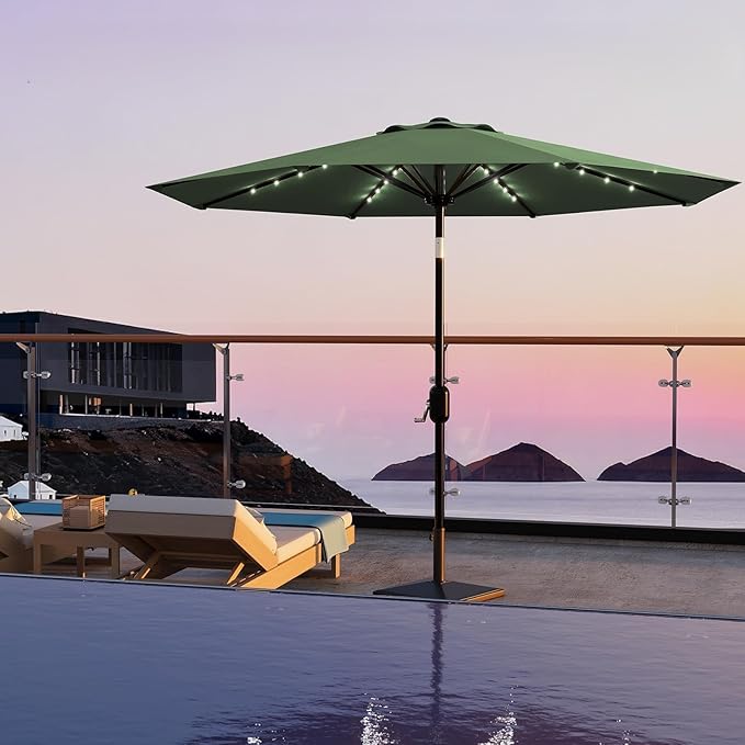 10 ft Patio Umbrella with Solar Lights, Outdoor LED Lighted Umbrella, 40 LED Lights & Tilt Crank, 8 Ribs for Poolside, Deck, Backyard