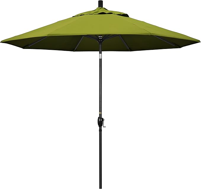 California Umbrella 9' Round Aluminum Market Umbrella, Crank Lift, Push Button Tilt, Black Pole, Kiwi Olefin