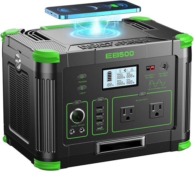 500W Portable Power Station, Solar Generator 519.48Wh (Peak 1000W) Lithium Battery Power Generator with 2 * 120V AC Outlets, Mobile Battery Backup Pack for RV Trip Camping, Outdoor Adventure, Home