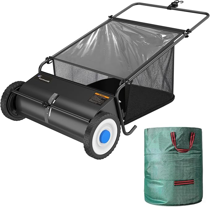 26" Lawn Sweeper Push, Push Lawn Sweeper for Leaves & Grass Clippings, Manual Yard Sweeper with Clear Dust Cover & Large Collection Bag for Lawn Yard Cleanup