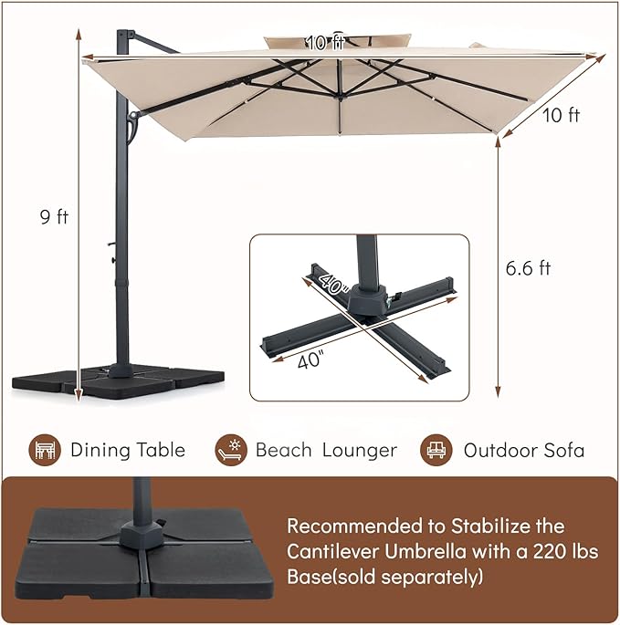 Tangkula 10 FT Patio Cantilever Umbrella, Large Square Offset Hanging Umbrella w/ 360° Rotation, 8 Sturdy Ribs, Air Vent & Cross Base, Heavy-Duty Outdoor Sun Shade for Backyard Pool Garden Deck, Beige