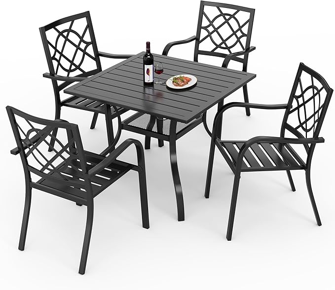 Crownland 5 Piece Outdoor Dining Set, Patio Metal Dining Sets, 4 Stackable Metal Chairs and Square Outdoor Dining Table with 1.57" Umbrella Hole, for Backyard, Lawn, Garden (Classic Black)