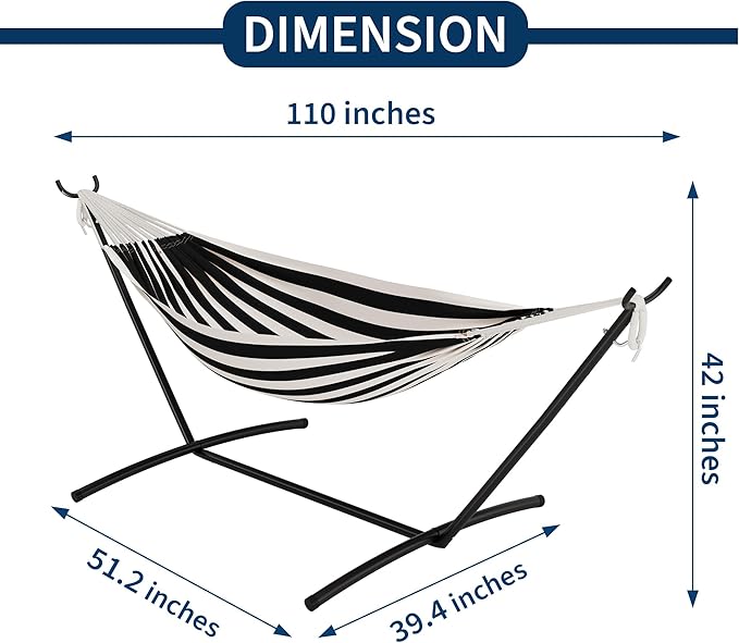 IDEALHOUSE 2 Person Double Hammock with Collapsible Heavy Duty Steel Stand - 450lbs Capacity Cotton Bed - Portable & Space-Saving - Indoor Outdoor Patio Camping Garden - Carry Bag - Black