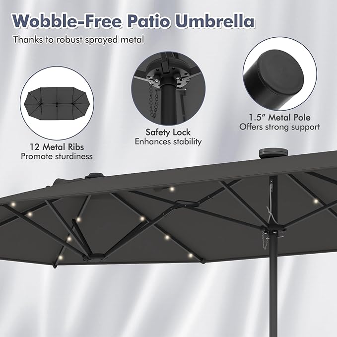 HAPPYGRILL Double-Sided Patio Umbrella with Solar Lights, 13FT Large Umbrella with Base Included, Crank Handle, Market Twin Table Umbrella for Outdoor Backyard Garden Poolside