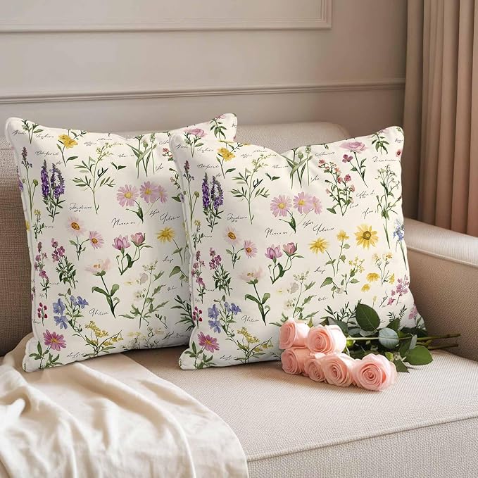 Throw Pillow Covers 16x16 Inch Set of 2, Botanical Garden Florals Waterproof Outdoor Pillow Covers, Spring Watercolor Wildflowers Decorative Cushion Pillowcases for Couch, Sofa, Bed, Garden, Patio