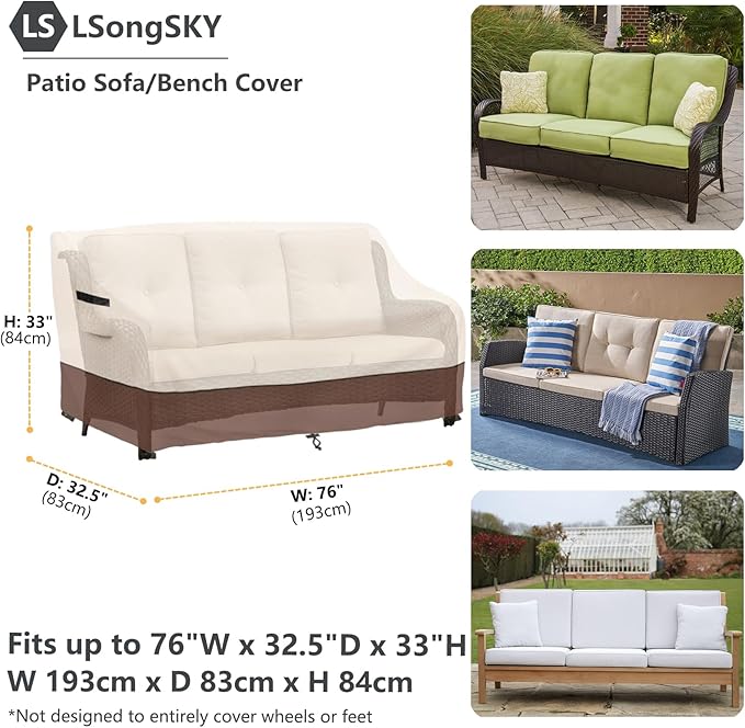 Patio 3-Seater Sofa Cover,Outdoor Couch Cover Fits up to 76W x 32.5D x 33H Inches,100% Waterproof Heavy Duty Patio Furniture Covers,Beige&Brown