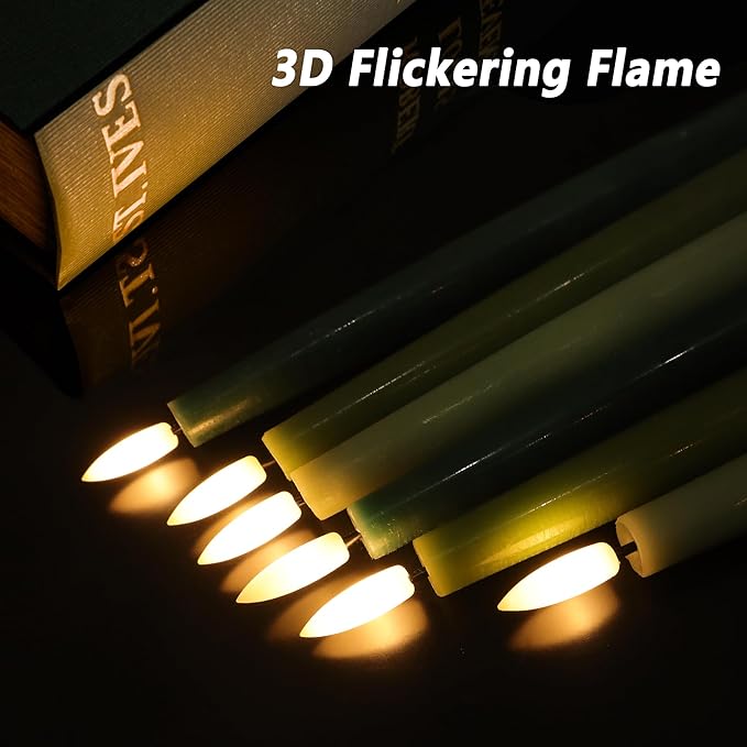 Green Flameless Taper Candles, 9.6" Real Wax Battery Operated Candles with Remote, 3 Pack Flickering, Gradient Candlesticks, Fake Candle for Home, Wedding, Party Decor