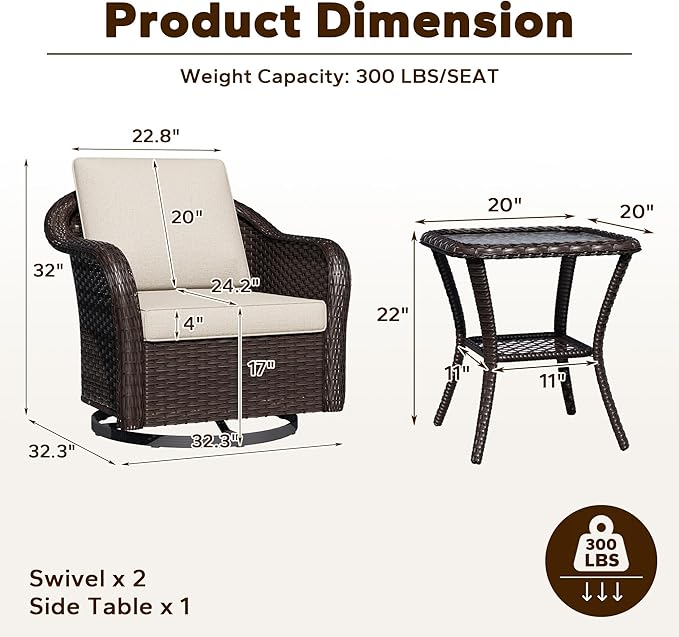 3 Piece Patio Wicker Bistro Set, 2 All-Weather Use Outdoor Wicker Swivel Chairs with PE Rattan Side Table,Ideal for Porch, Backyard, Balcony, Poolside, Beige