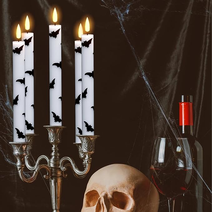 Eldnacele Halloween Flameless Taper Flickering Candles with Remote and Timer, Battery Operated Bats Decal Real Wax 3D Wick LED Candles White 4 Pack for Fireplace Holiday Spooky Halloween Decor