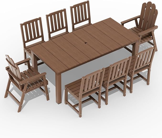 9-Piece Patio Dining Set, Outdoor Dining Set for 8, HDPE All-Weather Outdoor Furniture with 75.20” Umbrella Hole Table, 2 Armchairs & 6 Armless Chairs, Brown