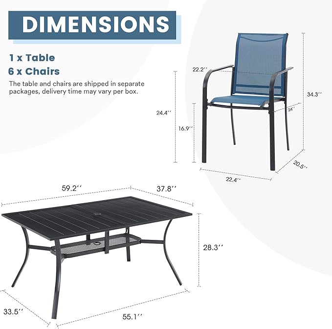 DIFY 7 Pieces Patio Dining Set for 6, Patio Furniture Includes Blue Stackable Sling Outdoor Chairs and 59.2" Rectangle Metal Black Table