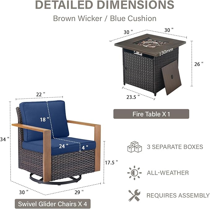 Belord Social 5 Pieces Patio Furniture Set - Swivel Rocker Glider Outdoor Chairs Set of 4 with 50000BTU Propane Fire Pit Table, Durable Wicker Outdoor Conversation Set for Casual Gathering