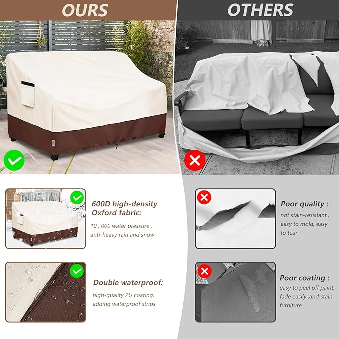 2-Seater Heavy Duty Patio Bench Loveseat Cover,100% Waterproof Outdoor Sofa Cover 58" W x 32.5" D x 31" H,Patio Furniture Couch Covers(Beige)