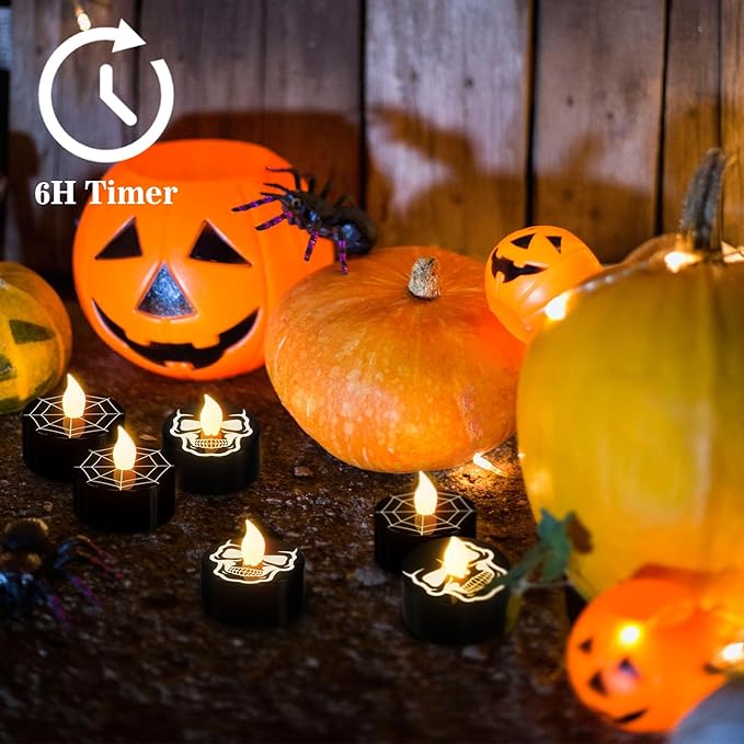 GenSwin Halloween Black Tealights Candles, Battery Operated Tea Lights Candles with Timer, 12 Pack Flameless Candles with 3D Wick, LED Votive Candles with Skull and Spiderweb Prints for Home Decor