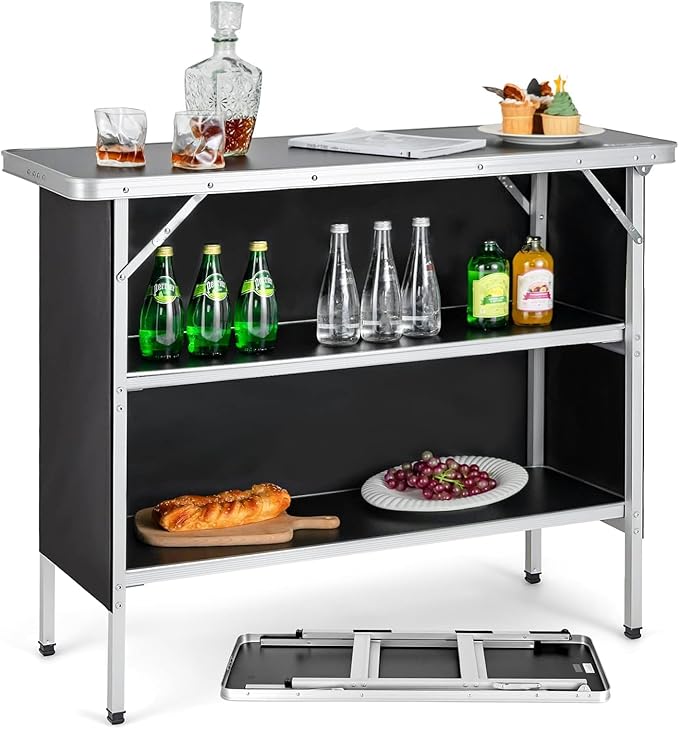 Goplus Folding Camping Table, Portable Pop-Up Bar Table with 2-Tier Storage Shelves, Removable Cloth Cover, Aluminum Foldable Camp Table for Picnic, Tailgate, Party, Travel, Outdoor