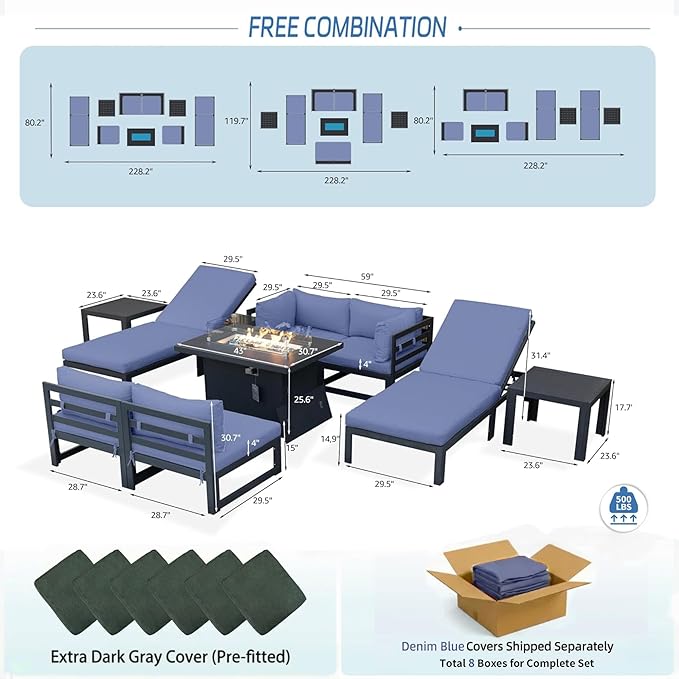 NICESOUL 9 Pcs Aluminum Patio Sectional Furniture Set with Lounger & Fire Pit Table, 500 lbs Heavy Duty Anti-Rust Outdoor Couch, 29" Deep Wide Seat, High End Conversation Sofa for Poolside, Denim Blue