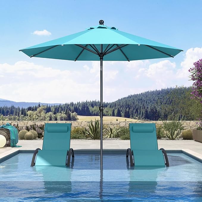 PURPLE LEAF 9' Round Patio Umbrella Outdoor Table Umbrella Aluminum Frame Market Umbrella Sun Umbrella with 8 Sturdy Ribs Tilt for Garden Deck Lawn Pool Turquoise Blue