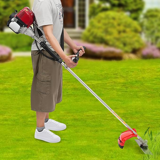 35.8CC Gas Powered Brush Cutter, 2 in 1 4-Stroke Engine Powered Grass Trimmer with Marine Propeller, Gas Weed Wacker for Lawn Care, Yard Work