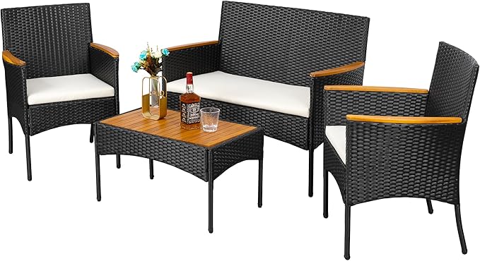 SUNLEI Multi Pieces Outdoor Patio Furniture Sets Conversation Sets Rattan Chair Wicker Set,Glass Table,Outdoor Indoor Use Backyard Porch Garden Poolside (Black, 4 PCS-White/Wood Tabletop)…